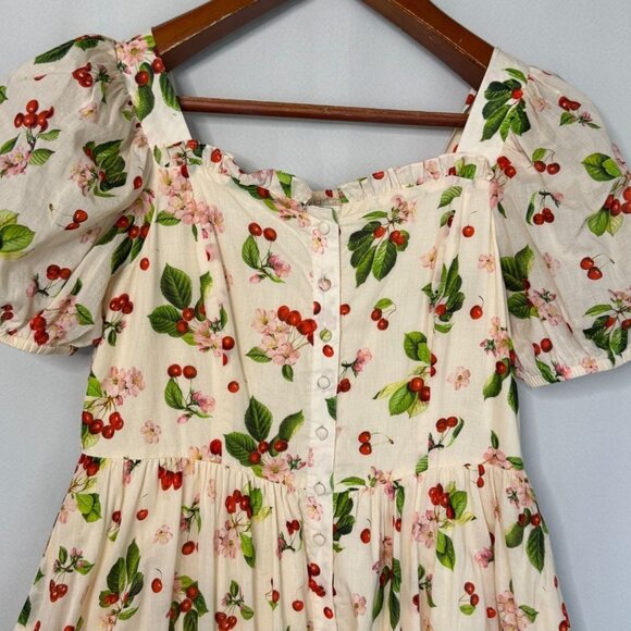 JESSAKAE Orchard Cherry Blossom Cream Short Puff Sleeve Midi Dress Plus XXL - Picture 3 of 16